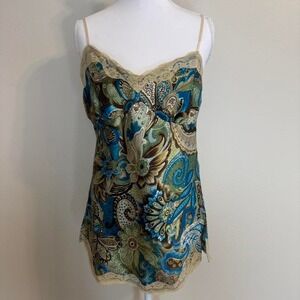 Aqua Blues VTG 90s Y2K Slip Micro Dress Cami Top Lace Paisley Floral Sz L